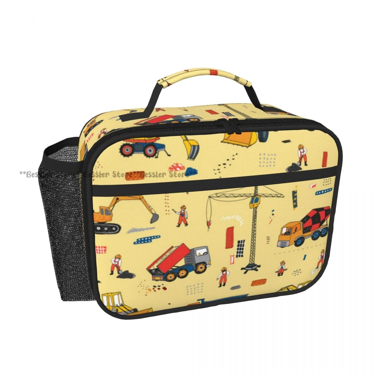Handheld Thermal Lunch Bag Construction Equipment And Workers Illustration Insulated Bento Carrier for Adults Students