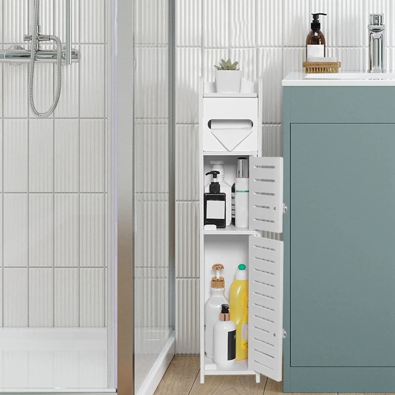 White PVC Storage Cabinet For Small Spaces, Over The Toilet Cabinet For Skinny Bathroom Storage Corner Floor (White)