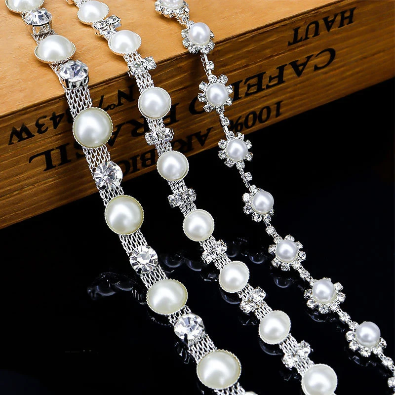 

10Yards Rhinestone Chain Pearl Beading Diamond Chains Hat Accessories Wedding Party Gift DIY Rhinestone Ribbon Decoration