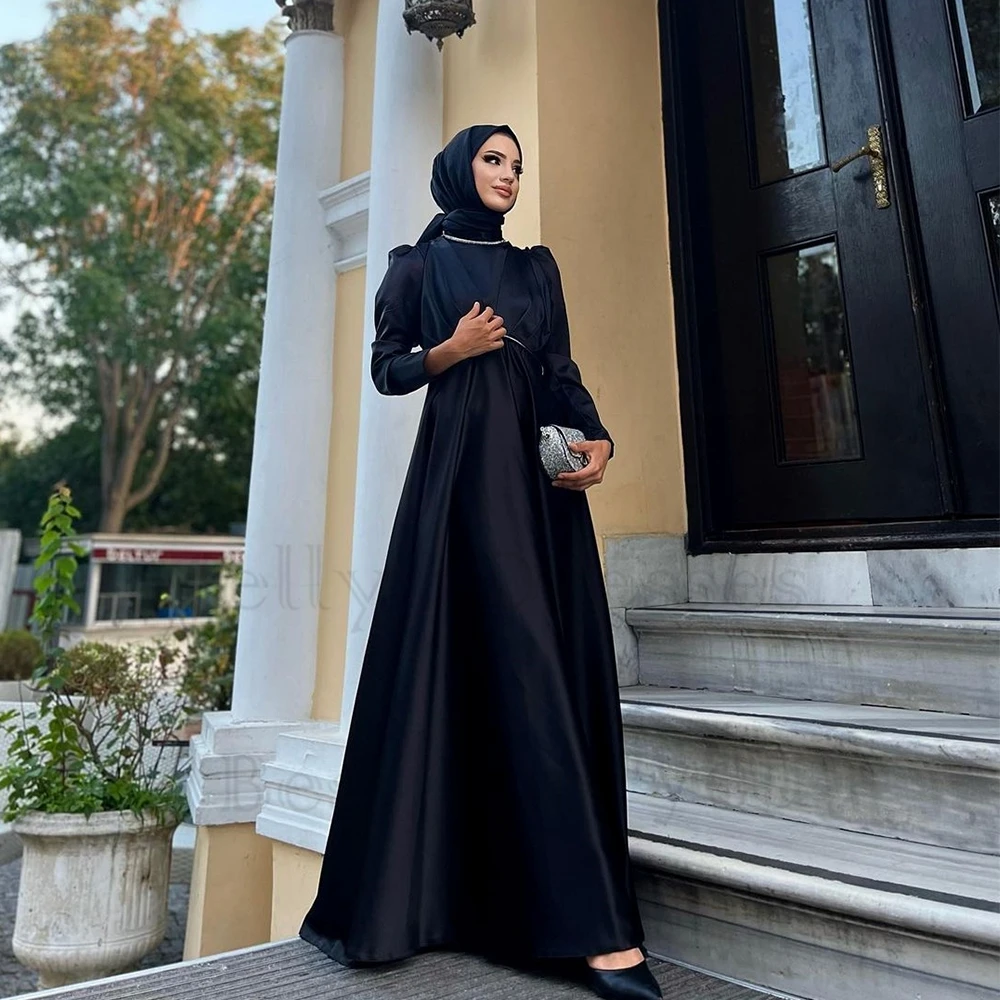 

Black Full Sleeve Muslin Evening Dresses for Women 2024 Satin Beach Prom Gowns with Pleat Summer New Robe De Soirée