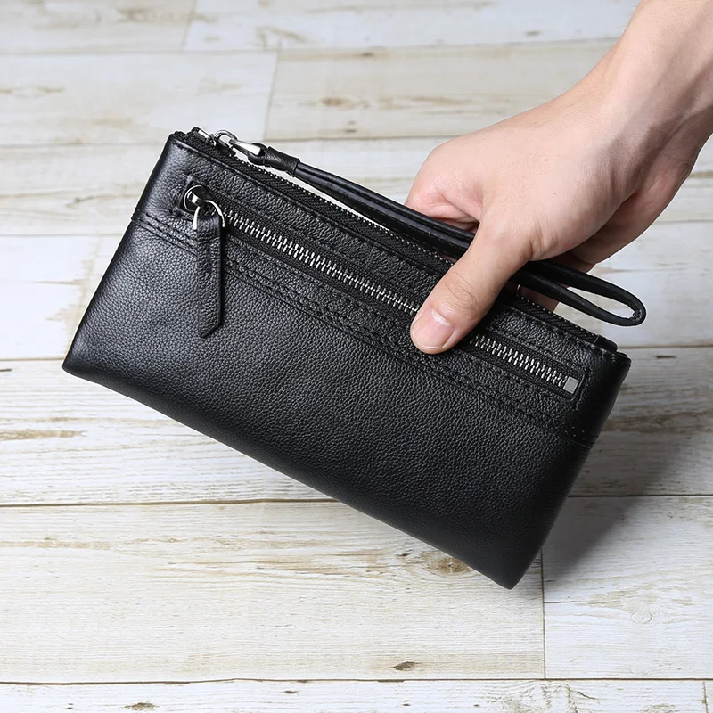 Bolso de mano para hombre, Cartera larga de cuero genuino con cremallera, hecho a mano, de gran capacidad, informal, con capa de cabeza, bolso de piel de vaca, bolso de cuero suave para teléfono