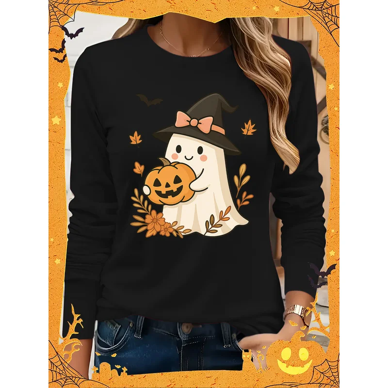 Women Long Sleeve T-shirt Halloween Cute Ghost Witch Hat Pumpkin Print Crew Neck Casual Tee view 2