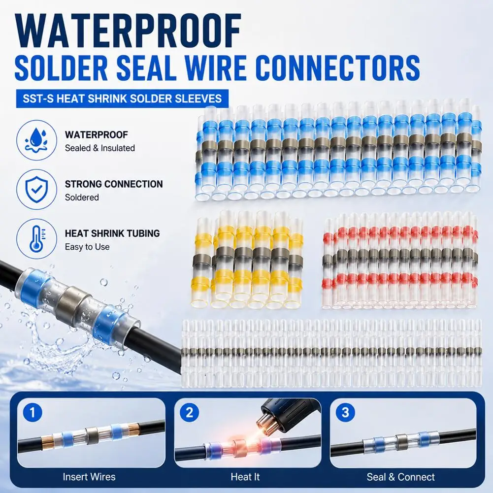 50PCS Waterproof Solder Seal Heat Connector Shrink Butt Connectors Lug Terminals Electrical Wire Car Insulated Terminal