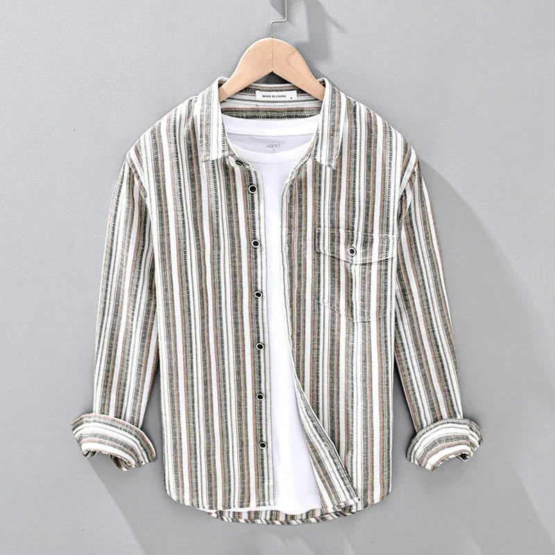 Men\'s Casual Striped Long Sleeve Shirt for Men Cotton Linen Breathable Shirt