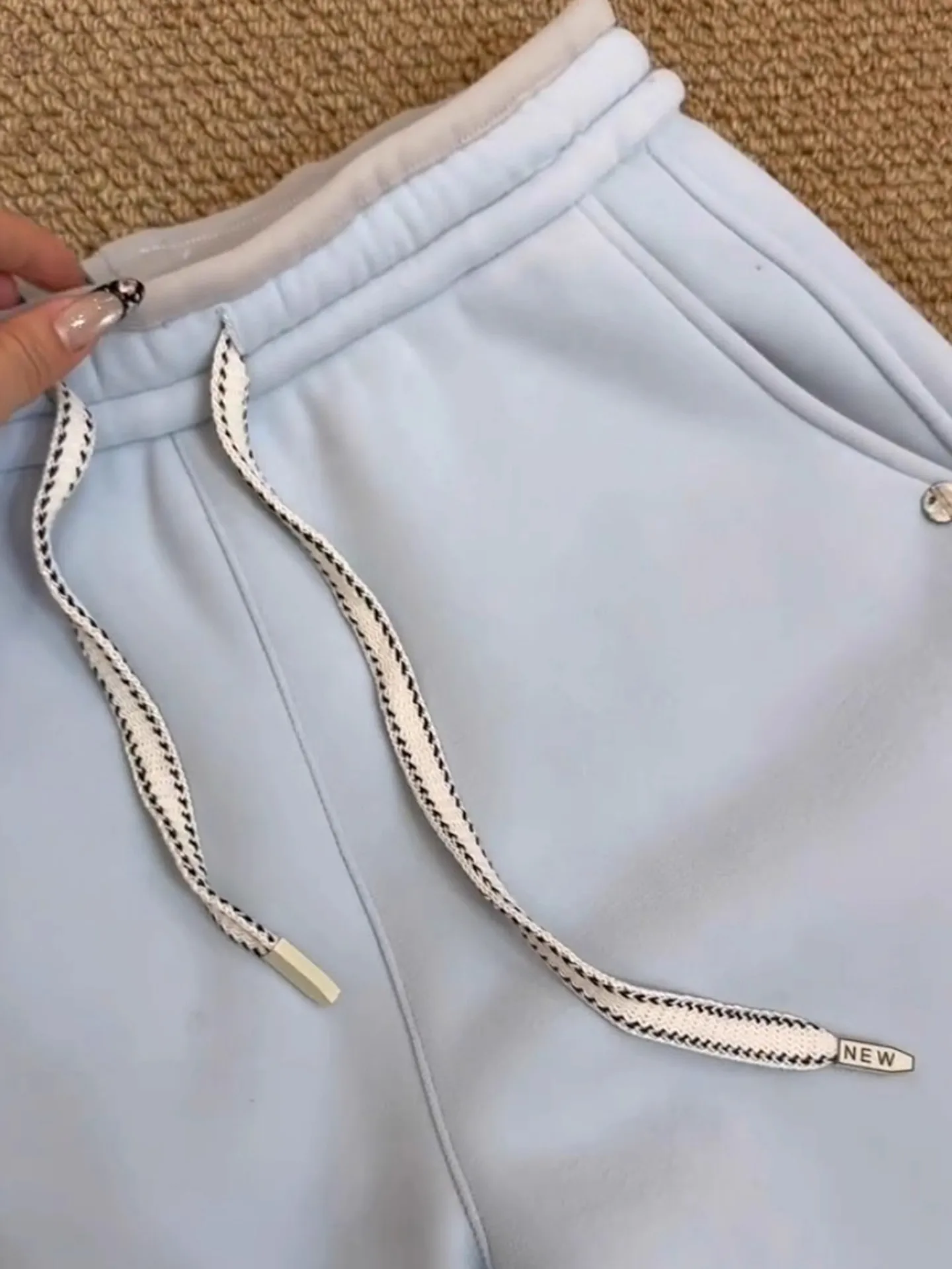 Blue Fleece Lined Thickened Sweatpants Women's Winter New Lazy Warm Cuffed Drawstring Casual Trousers High Waist Wide Leg Pants 2