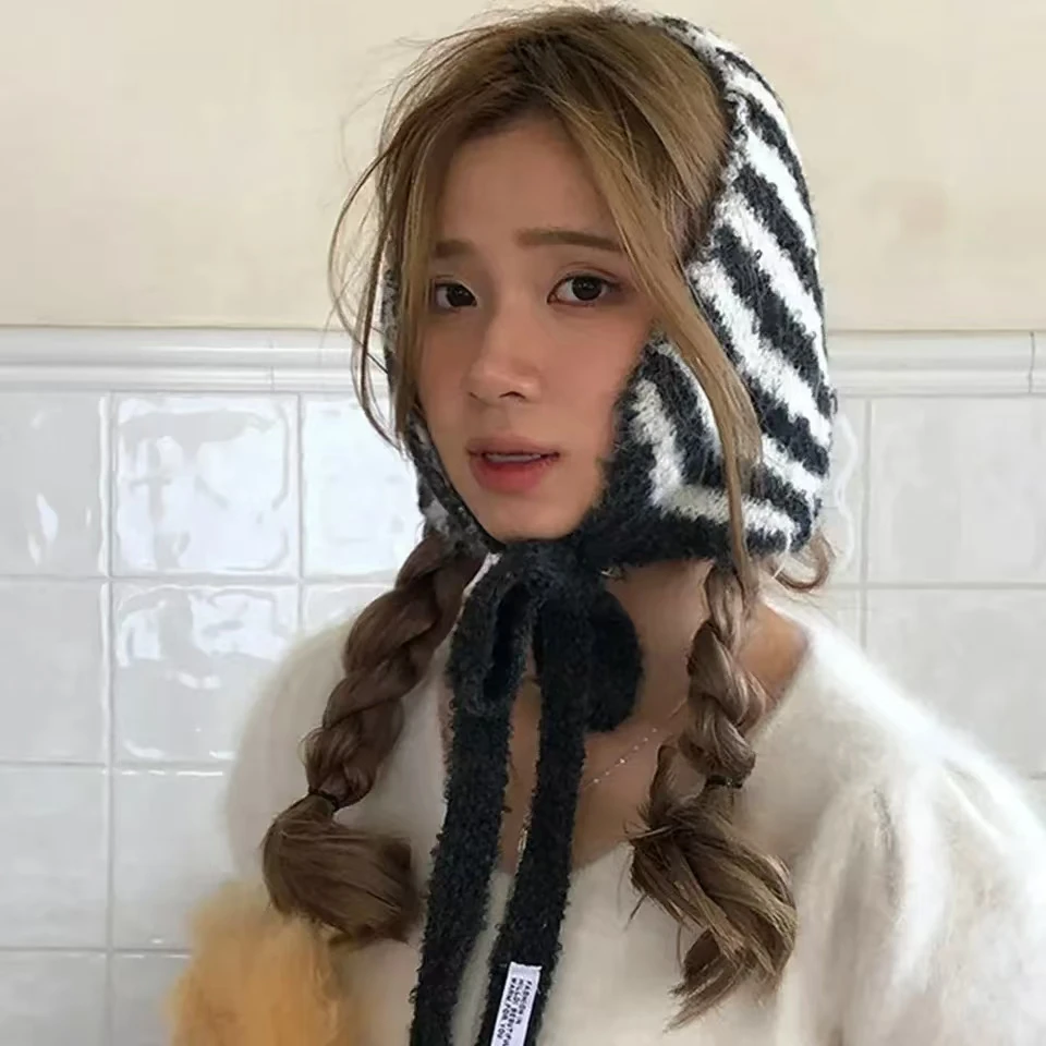 

Retro Striped Scarf For Women Winter Warm Neckerchief Neck Collar Scarfs Lady Earmuffs Girl Outdoor Coldproof Scarves Headbands