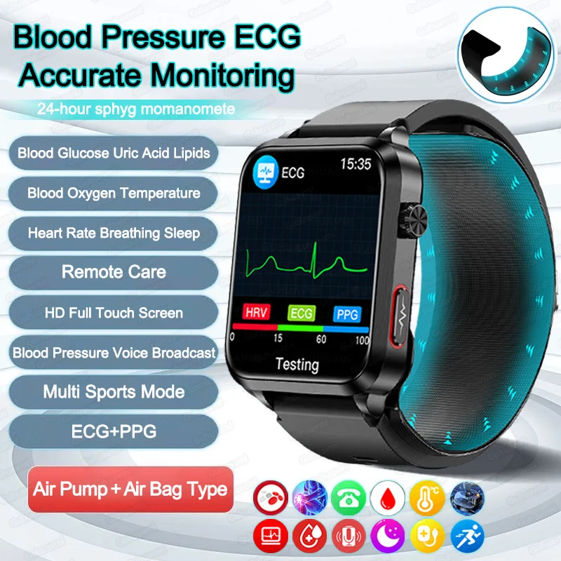 EKG ppg nicht invasive Blutzucker Männer Smartwatch Pump Airbag Präzision Blutdruck Bluetooth Anruf