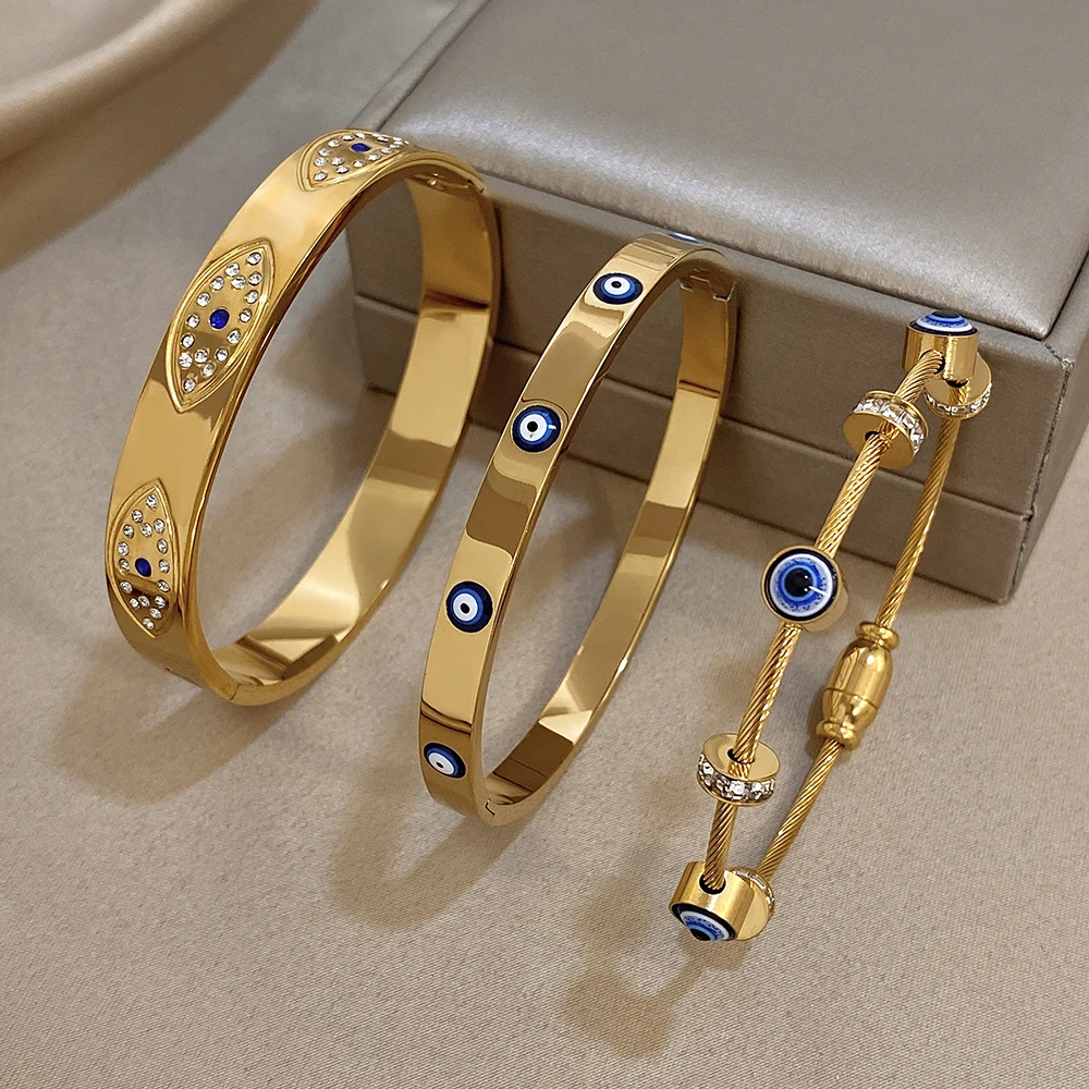 Neue Türkische Böse Augen Strass Edelstahl Manschette Armband Armreif Für Frauen Mode Vergoldet Wasserdicht Charme Schmuck – Detail 4