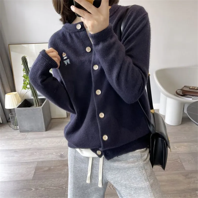 Spring 2024 Women\'s Golf Wear Tennis Sweater Jacket Embroidered Teddy Bear Knitted Cardigan Round Neck Long Sleeved Top Clothing