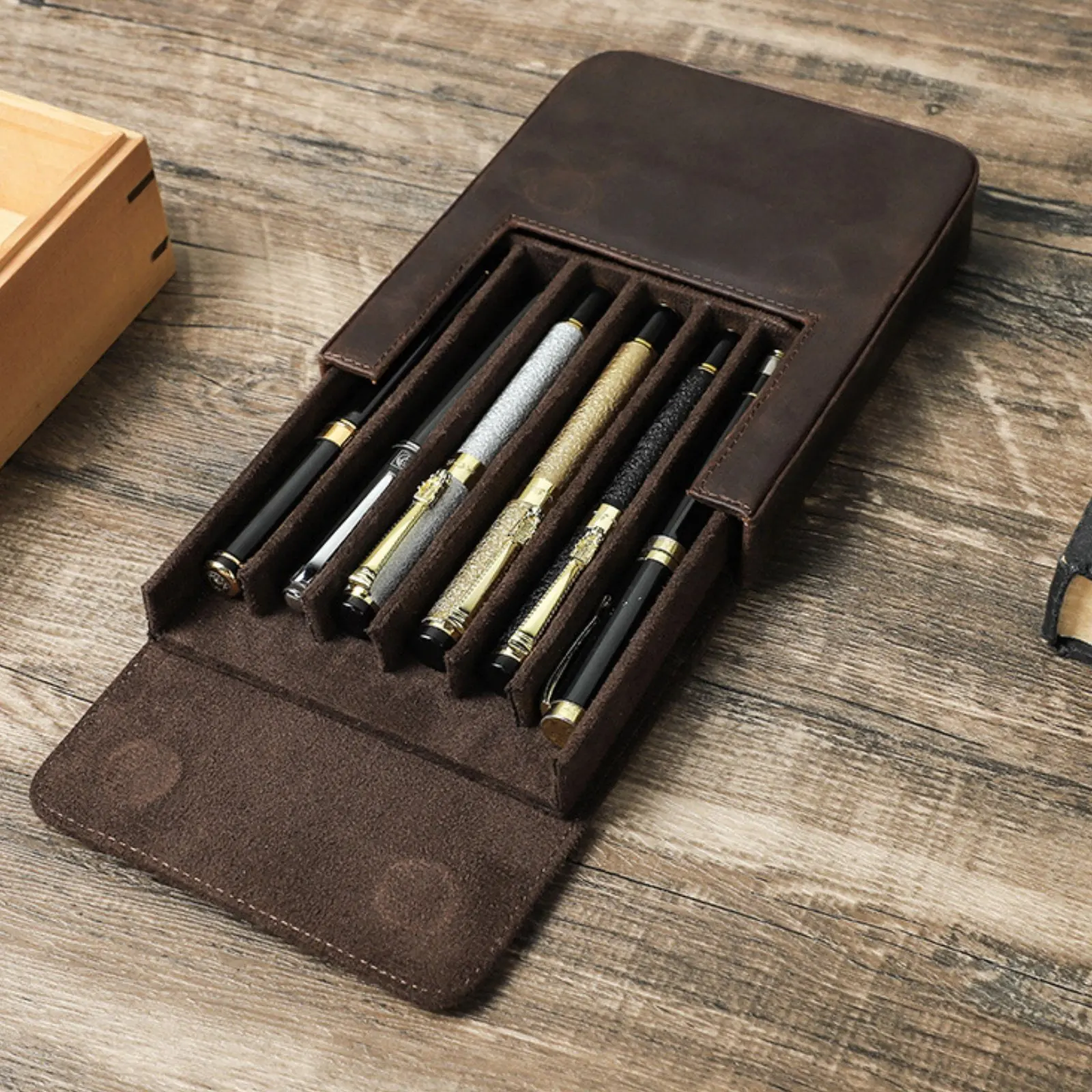 writing-pen-storage-holder-handmade-6-pen-leather-holder-stationery-organizer-removable-tray-for-students-desk