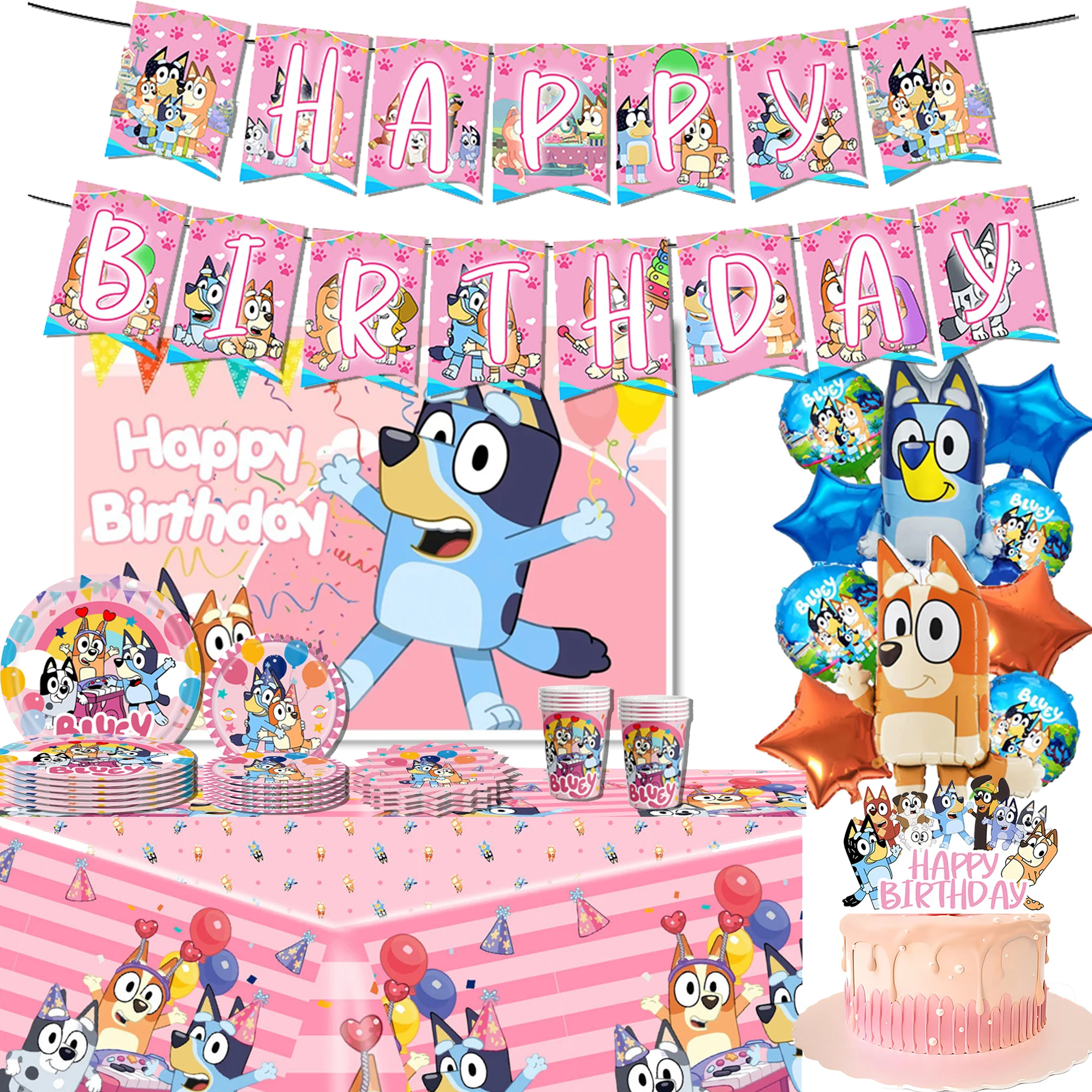Décorations de fête d'anniversaire pour la famille Bluey/Bingo, ensemble d'assiettes en papier jetables, bannière, drapeau suspendu pour gâteau, ballon de fête pour chien