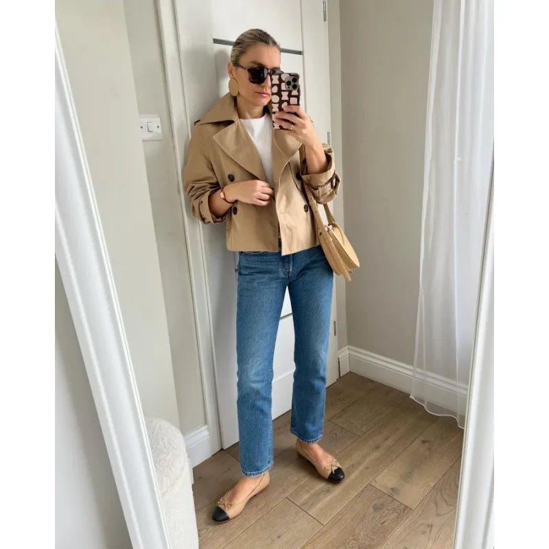 Luxury Brand Spring Autumn Trench Coat New Lapel Double-Breasted Short Windbreaker Bomber Jacket Outerwear Top Long Sleeves