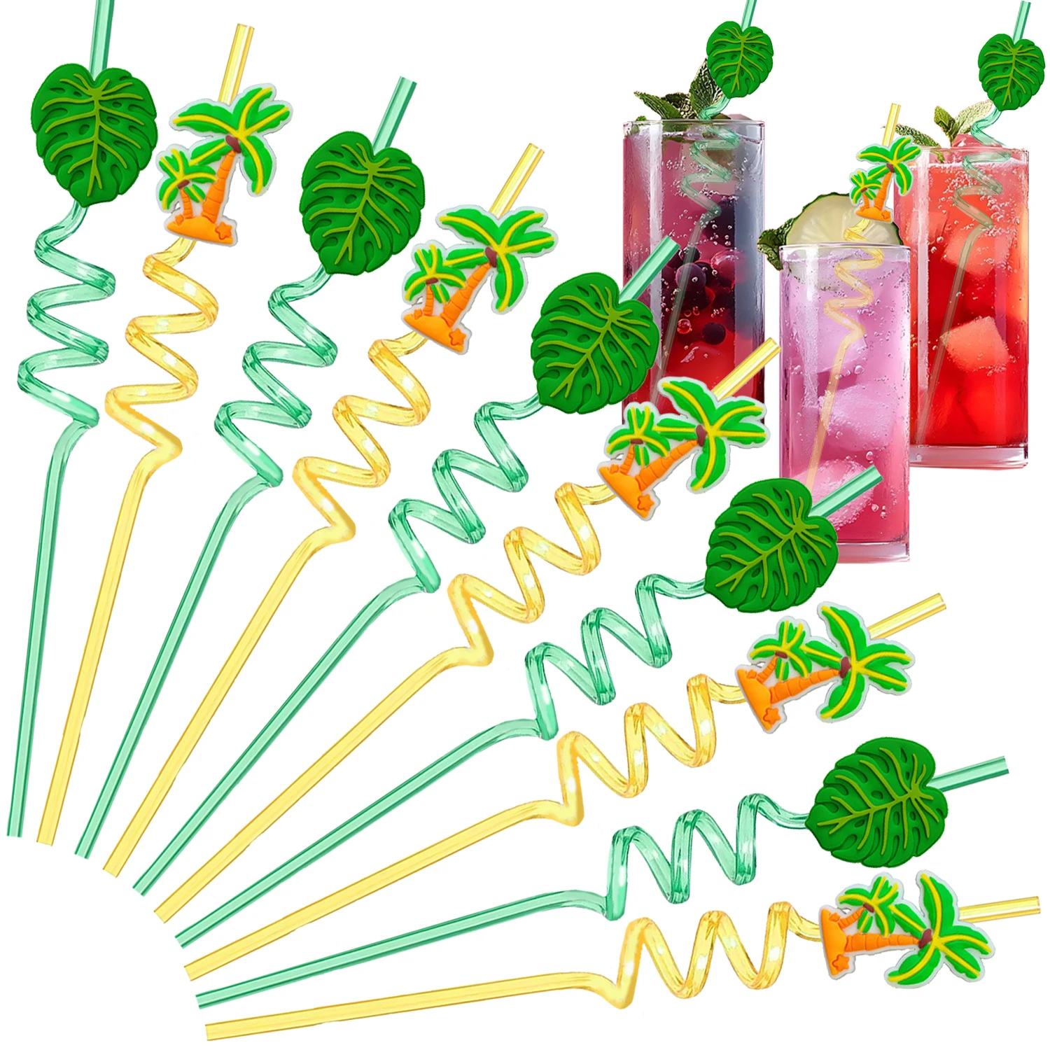 Pajitas tropicales hawaianas, pajitas reutilizables tropicales hawaianas para beber en piscina, suministros para fiestas hawaianas, 1/10 Uds.