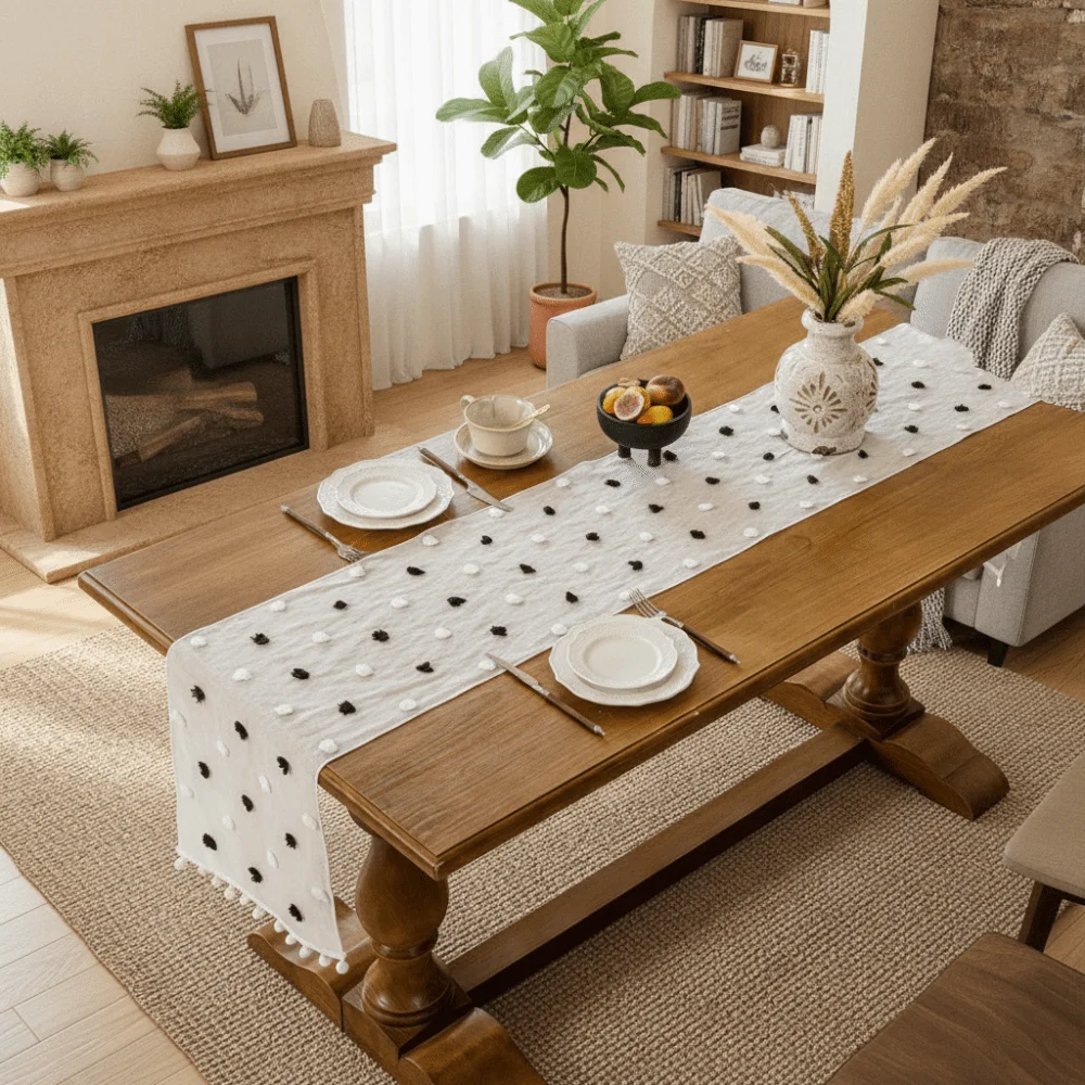 Nordic Style Lace Table Runner with 3D Pom-poms Gauze Dining Table Cloth French-style Rectangular Table Linen Restaurant
