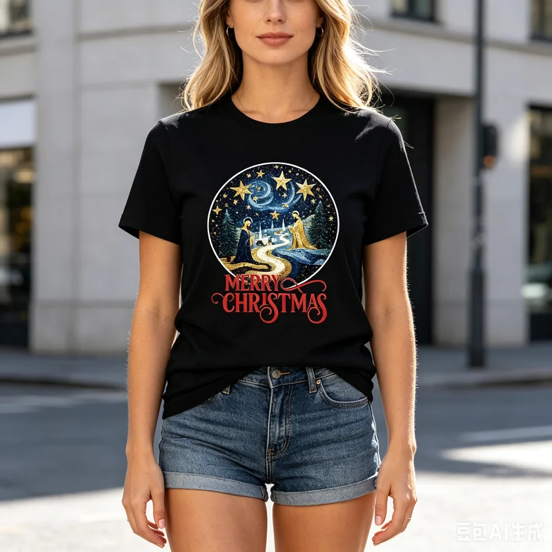 Merry Christmas Nativity Scene Print T Shirt Women Holiday Casual Cotton Top Peaceful Christmas Night Nativity 100% Cotton