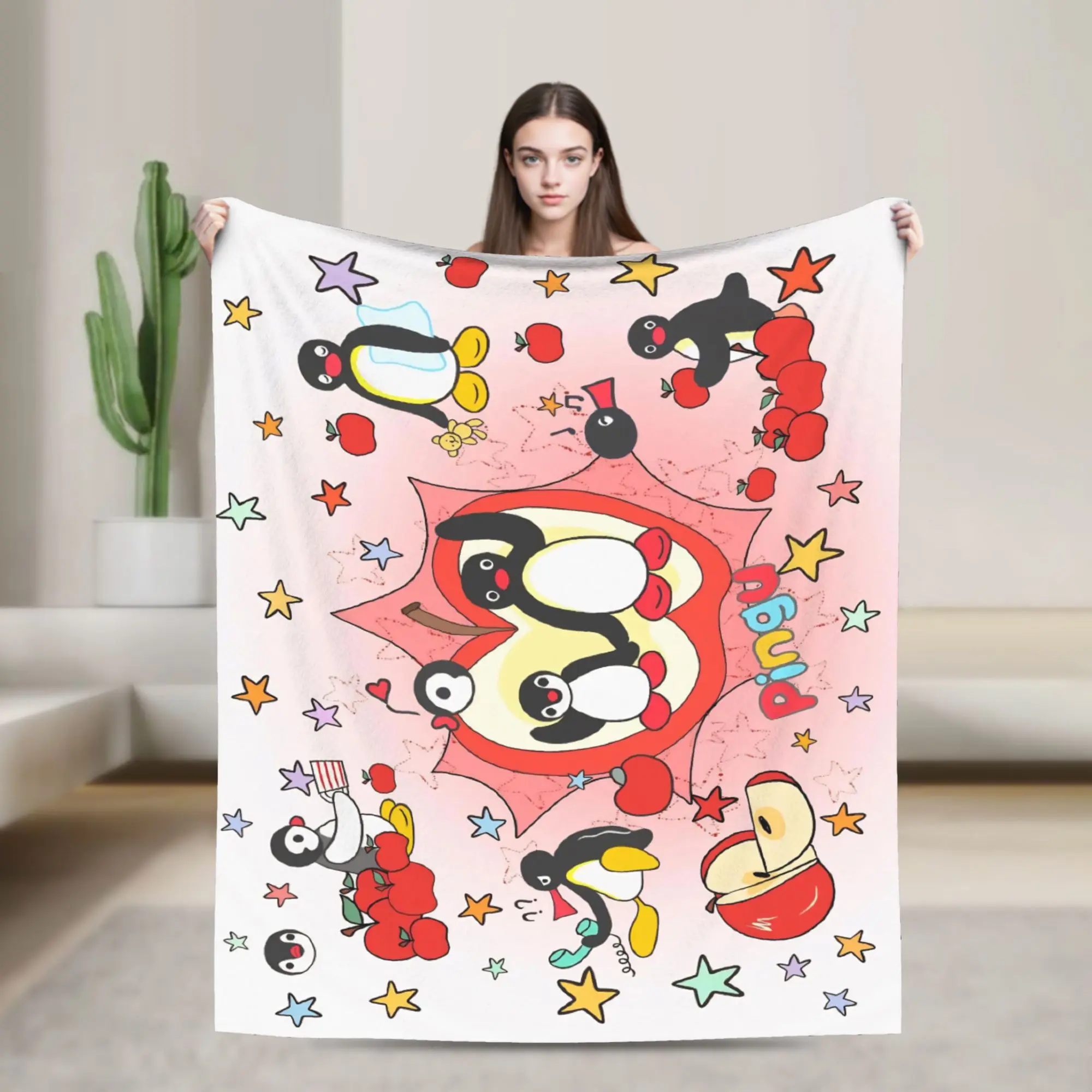 

Флисовое одеяло Noot Pingu, одеяла с пингвином и красными яблоками для путешествий, супер теплое покрывало