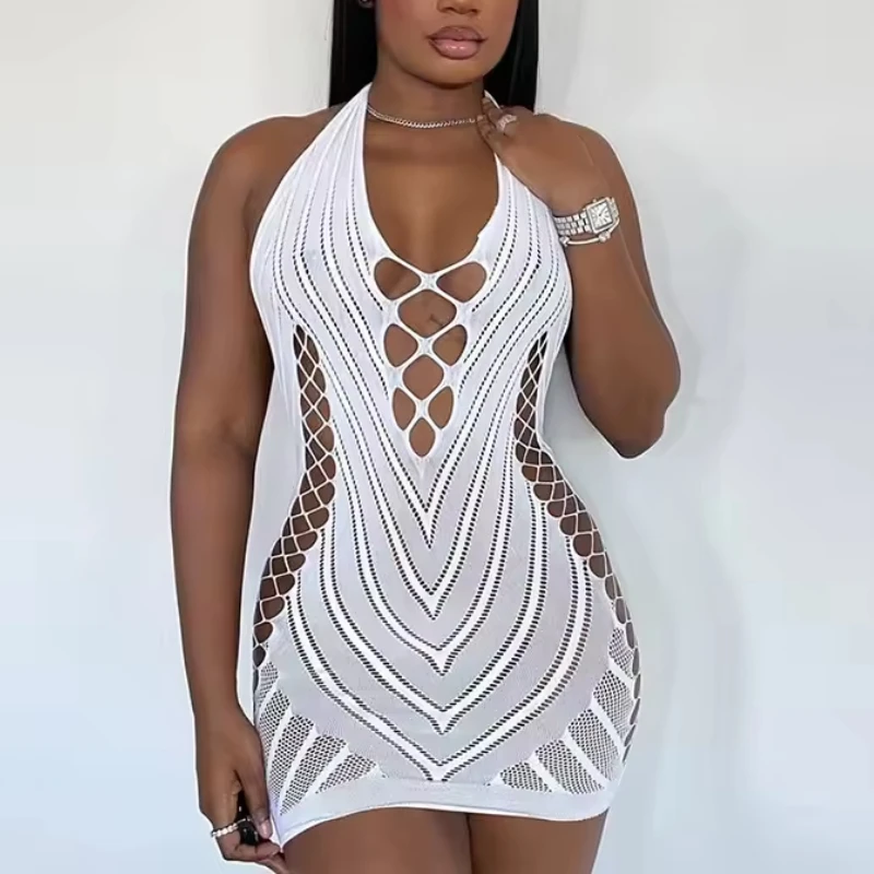 Vestido sexi de rejilla con cuello Halter y espalda descubierta para mujer, vestido bonito de tubo ajustado de corte bajo, minivestido de talla única, vestidos de baile para Club nocturno, Beatchwear