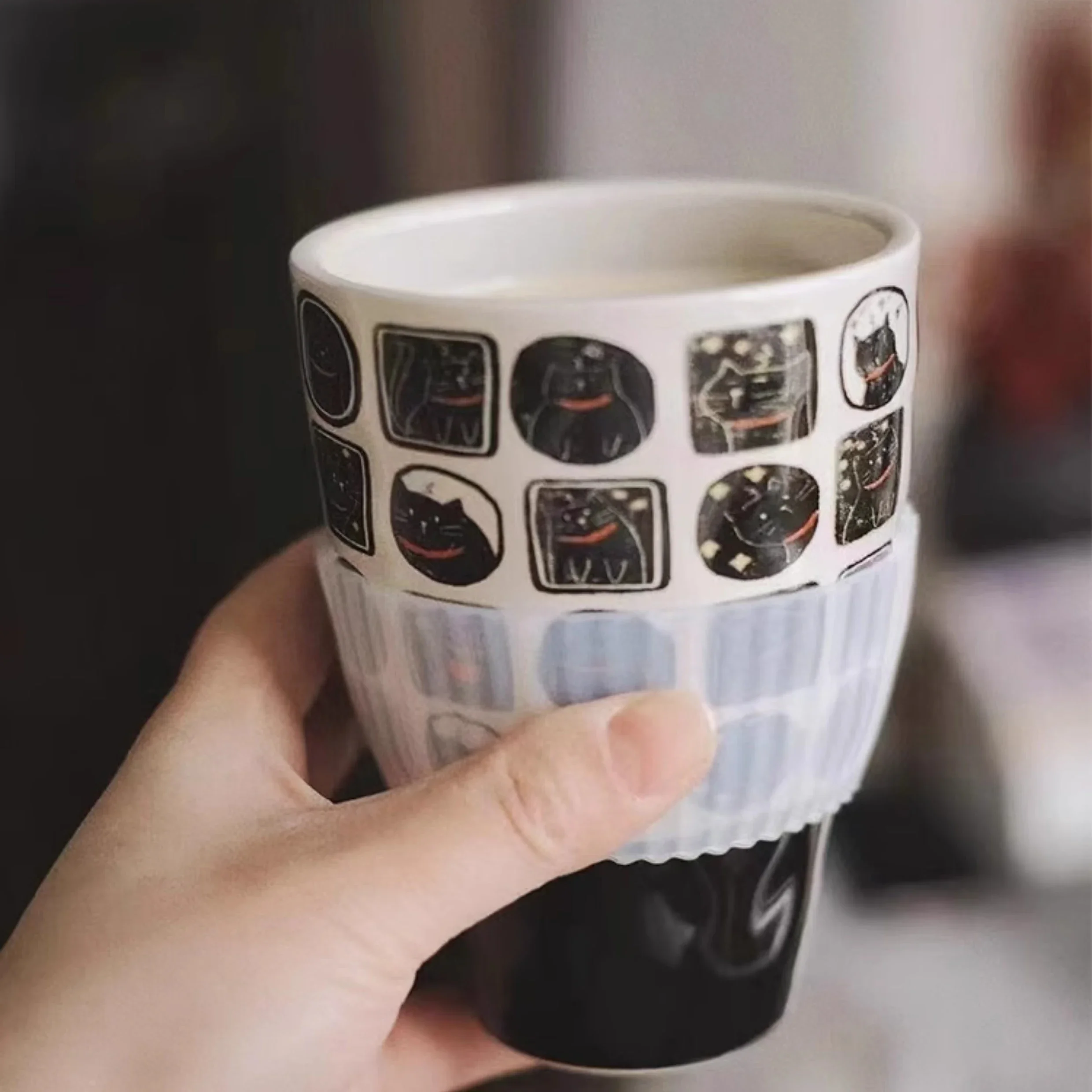 Korean Style Pretty High Temperature Firing Ceramics Coffee Cup Underglaze Colour Anti Scald Silicone Pad With Cover Milk Tea