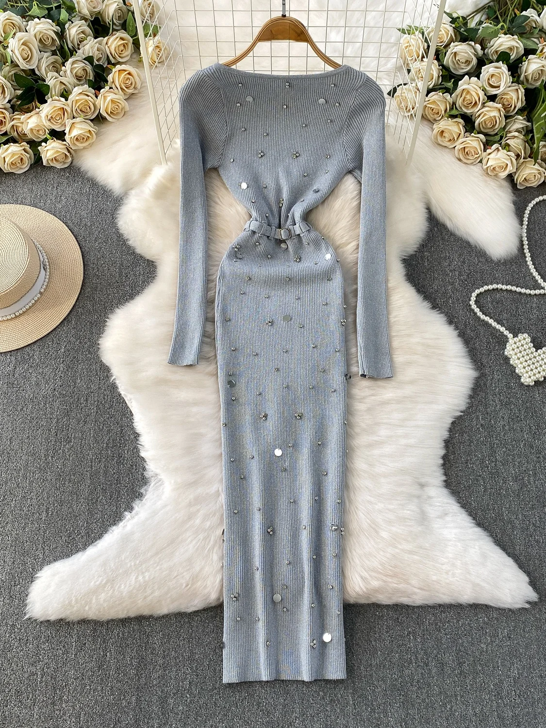 

Вязаное длинное платье с круглым вырезом, расшитое бисером и стразами, женское, сексуальный стиль, с яркой нитью, облегающее, эластичное