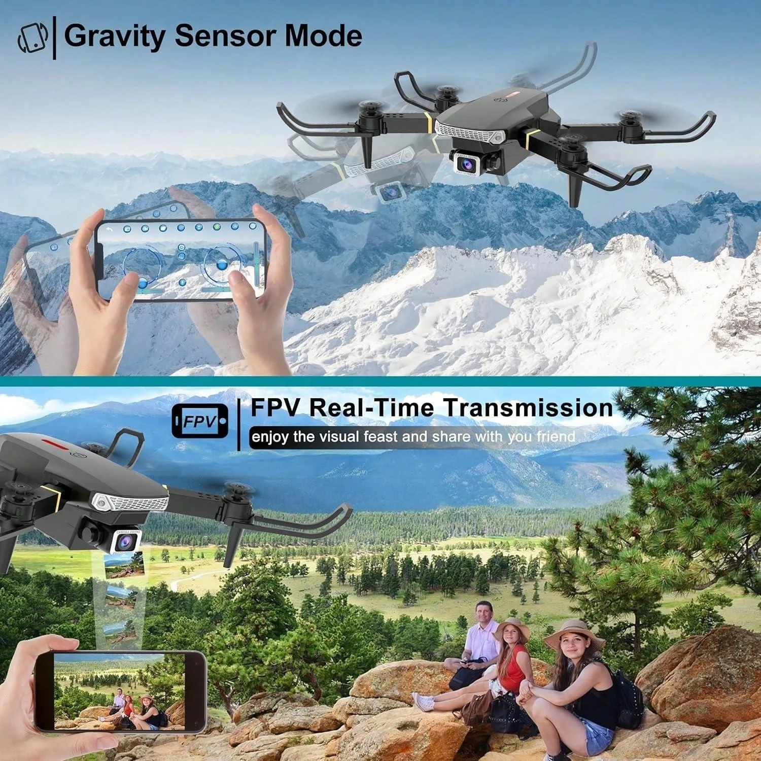 Drone E88 com câmera, drone dobrável com controle de aplicativo, quadricóptero RC de vídeo ao vivo FPV com câmera 4K para adultos iniciantes, Natal