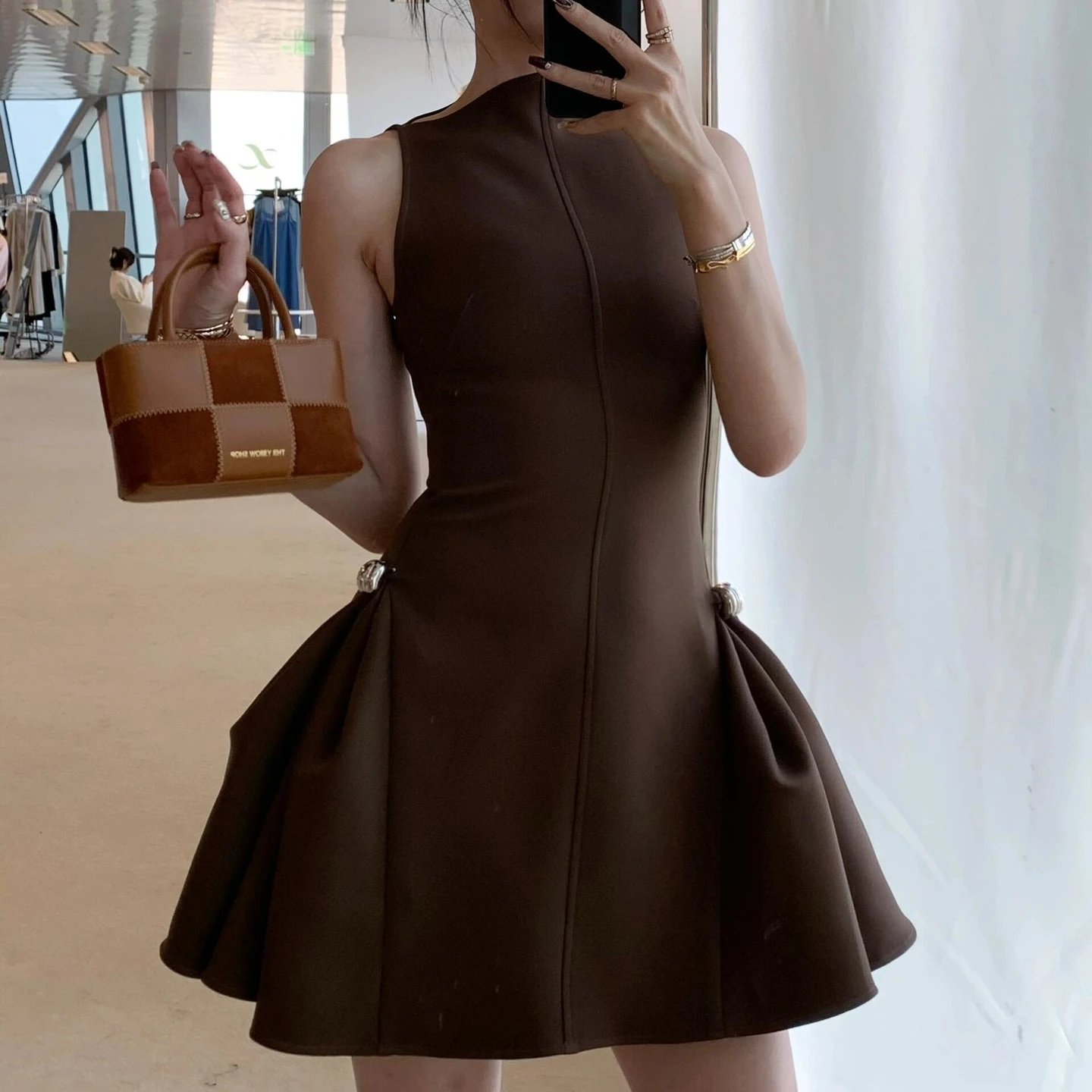 Women Sleeveless Slim dress Asymmetrical Collar Waist Ball Gown Mini Dress