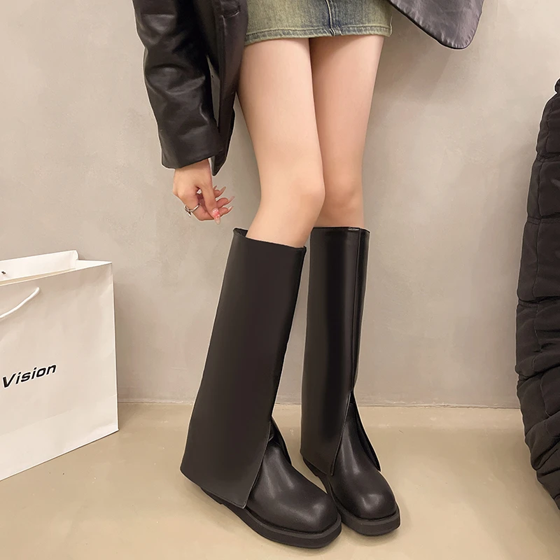 

Women Trouser Legs High Boots Fashion Slip On Shoes 2024 Autumn Winter Low Heel Ladies Knight Long Booties