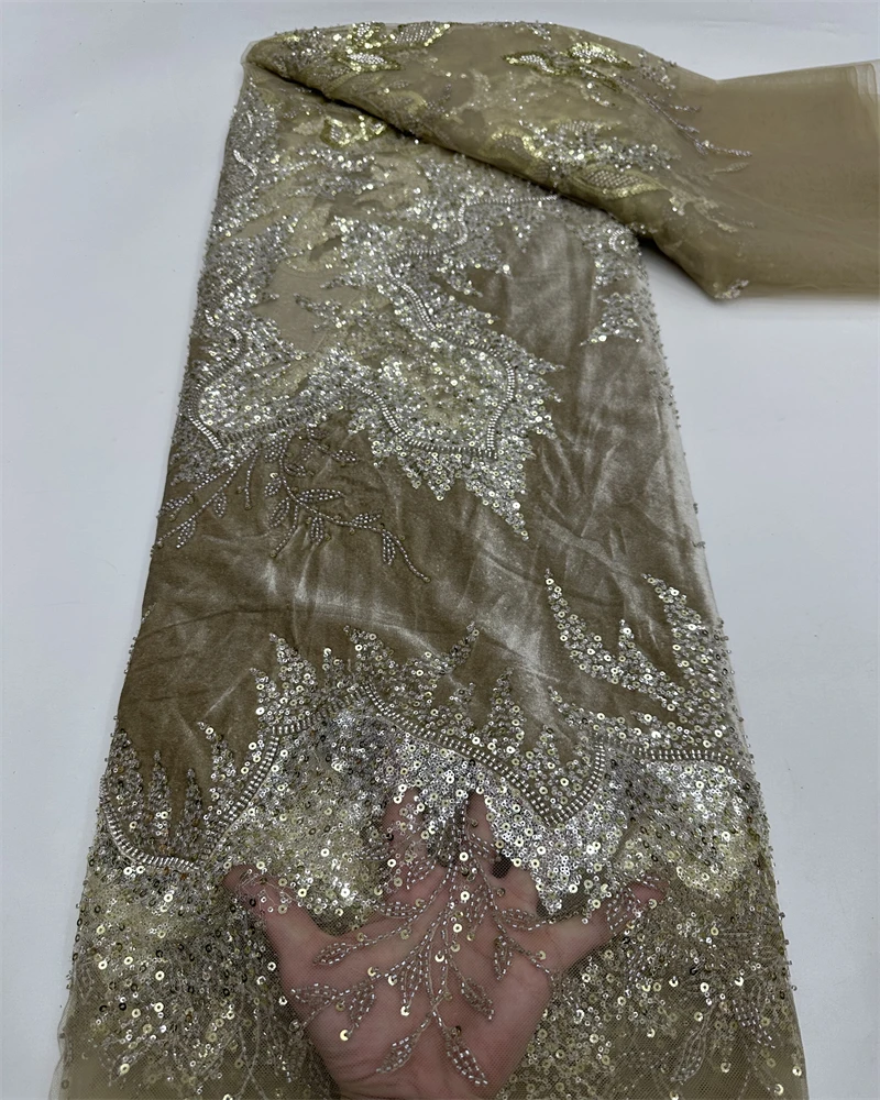 

Velvet Luxurious African Beaded Net Mesh Lace Fabric with Sequins French Tulle for Nigerian Wedding Party Dress Sewing 5 Yards