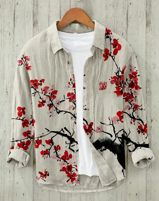 Sakura Japanese Vintage Art Linen Blended Shirt, Casual Polo Collar Cardigan, Button Shirt, Plus Size, Spring, Summer, New - Image 2