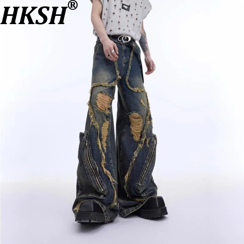 HKSH Autumn New Man Heavy Niche Deconstructed Tassel Ripped Jeans Retro Distressed Large Pockets Design Denim Cargo Pants HK8749