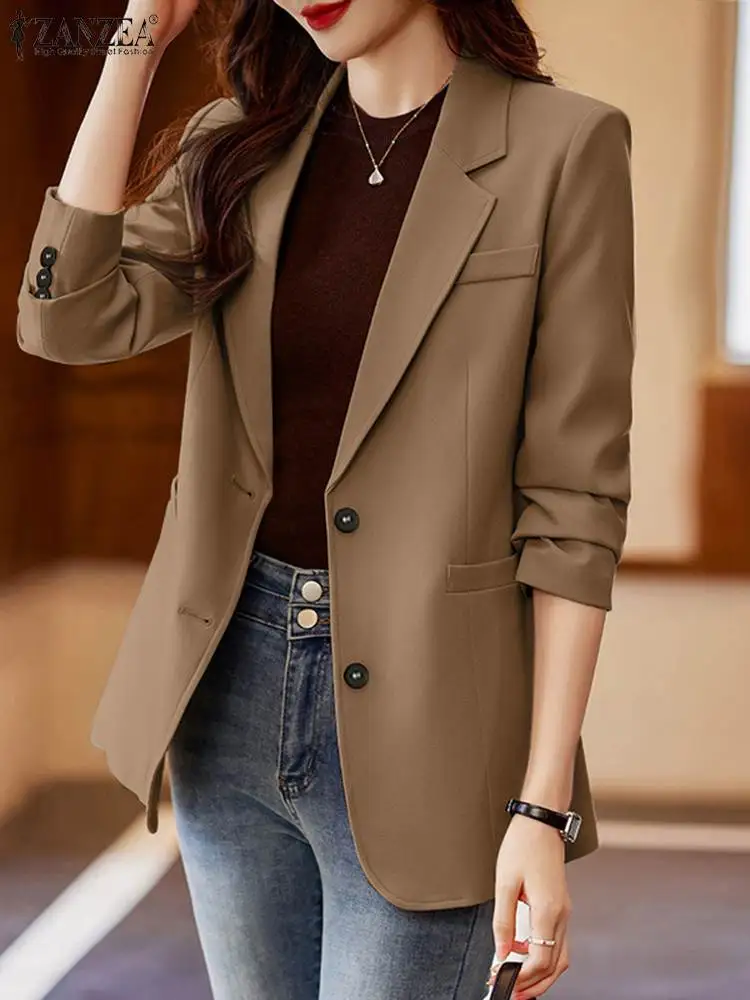 Elegant Laple Neck Long Sleeve Office Wear Blazer ZANZEA Women Autumn OL Work Jackets Casual Solid Suits Fashion Party Coats