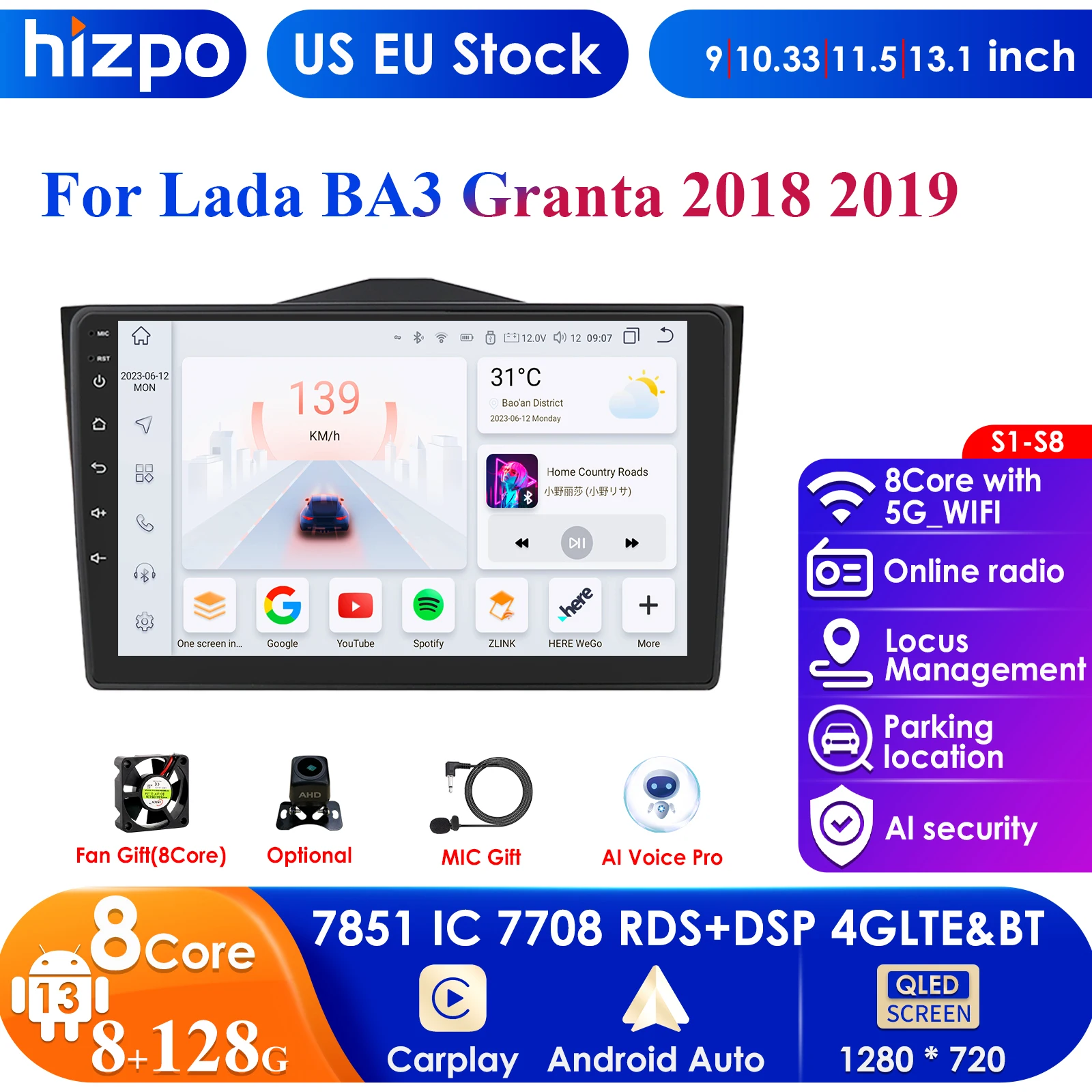 Hizpo 4G 9''10.33'' AI Intelligent Systems for LADA BA3 Granta Cross 2018 2019 Car Multimedia GPS 2din Autoradio CarPlay Android