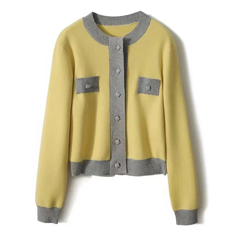 Autumn Winter Korean Fashion Clothing Elegant Yellow Cardigans Sweater Women O Neck Button Long Sleeve Knitted Tops Female V1153