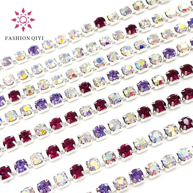 Hot selling 5 yards Mixed rose/WhiteAB 2mm-3mm silver base glass rhinestones cup chain diy wedding dress clothing accessories