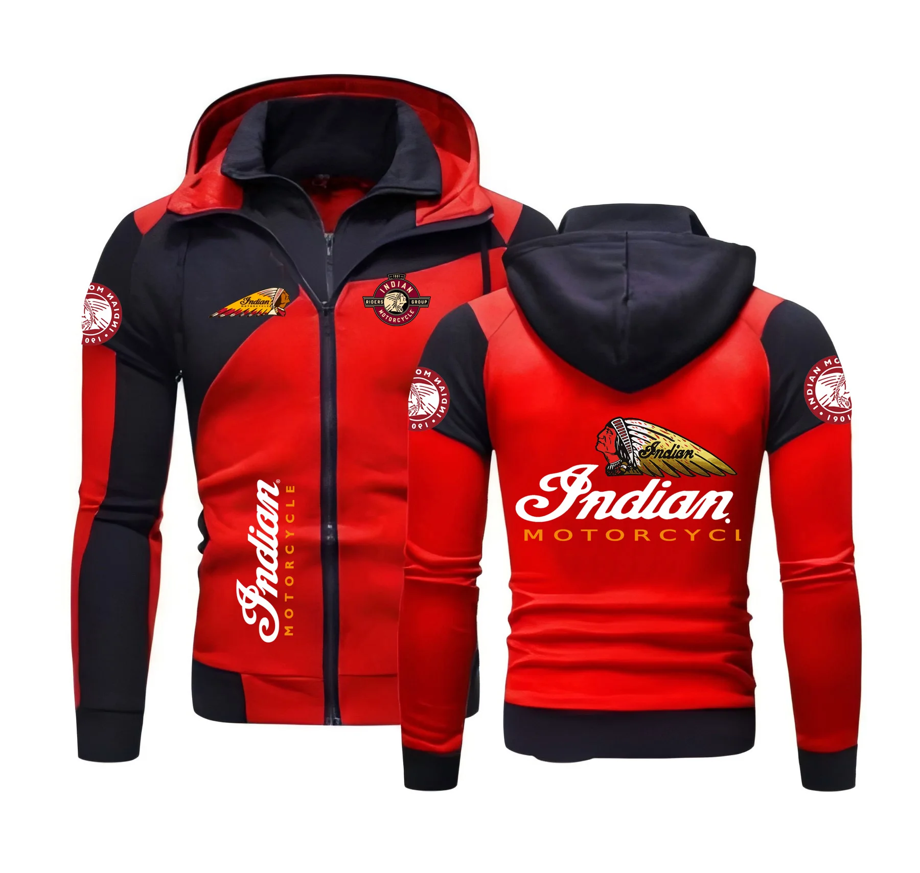 Nova camiseta masculina com logotipo indiano, casaco com capuz com zíper duplo, adequado para esportes e roupas casuais, ciclismo ao ar livre e o
