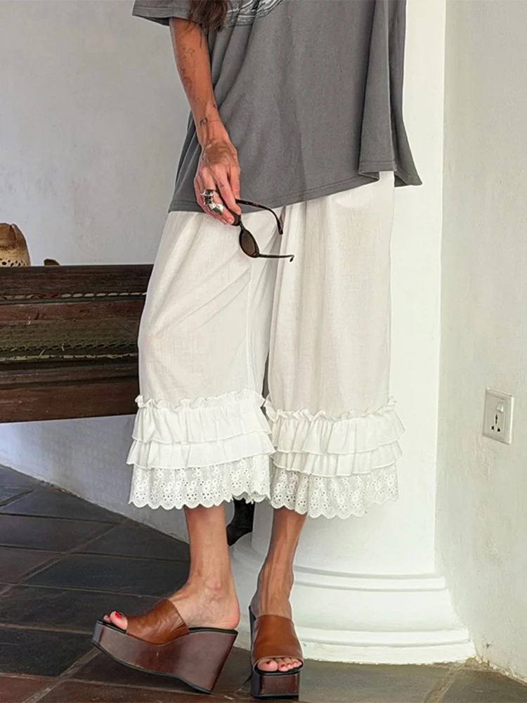 

Женские укороченные брюки Trendix Boho белого цвета, летние, 2026, с рюшами и кружевом, свободные, для пляжных вечеринок, модные, винтажные, полупрозрачные