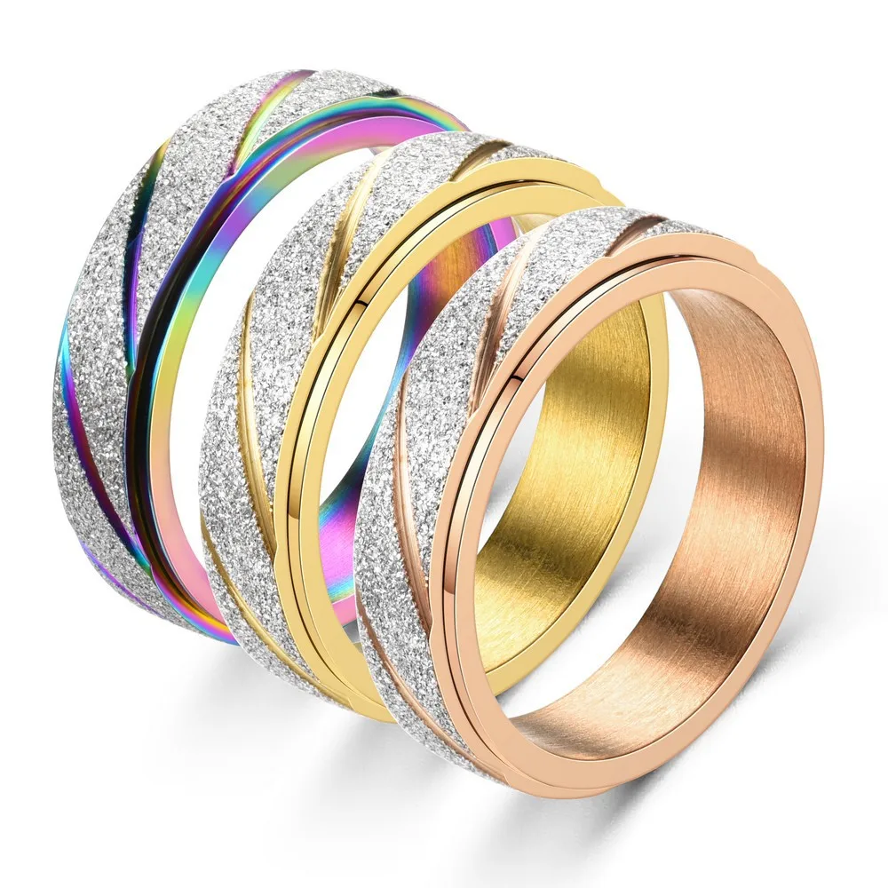 Fashion Wave Pattern Stainless Steel Rotatable Decompression Frosted Ring For Women Fine Jewelry Size 6-11 Wholesale