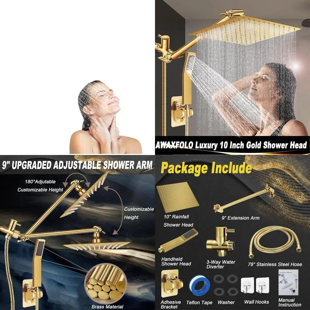 

Gold 10 Square High-Pressure Shower with 11 Extendable Arm, 78 Hose and 3-Way Diverter