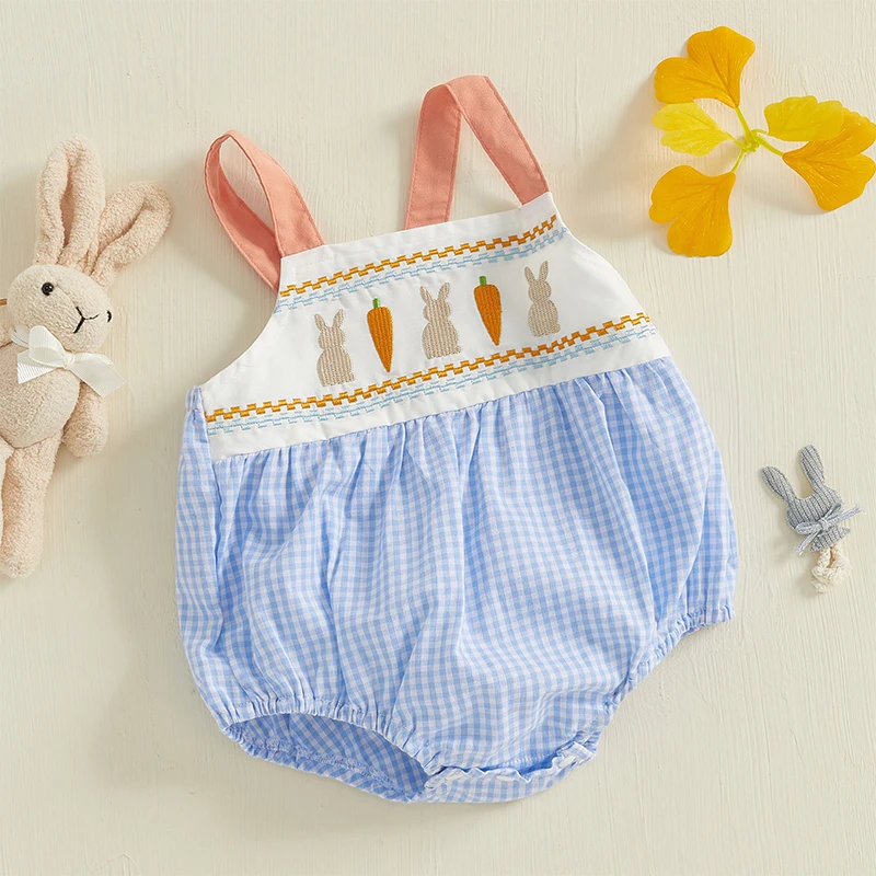 Baby Easter Romper Sleeveless Square Neck Bunny Carrot Embroidery Bodysuit Newborn Playsuit Toddler Jumpsuit Summer