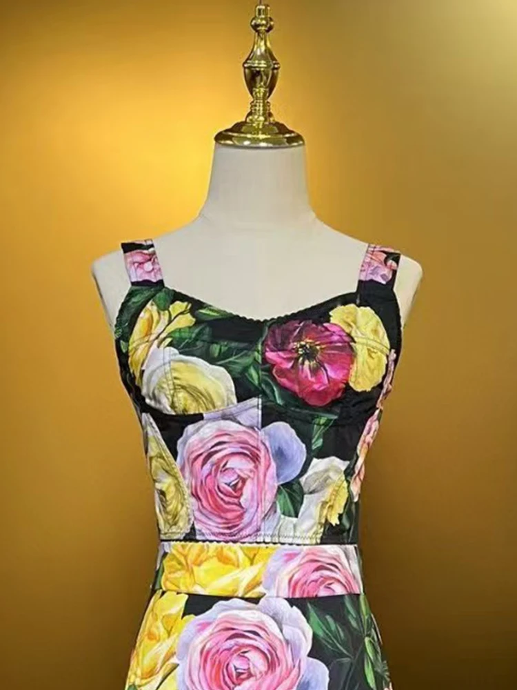 2025 Spring women's new retro rose print sexy off-the-shoulder top bust fashion 100 back zipper halter top + loose skirt