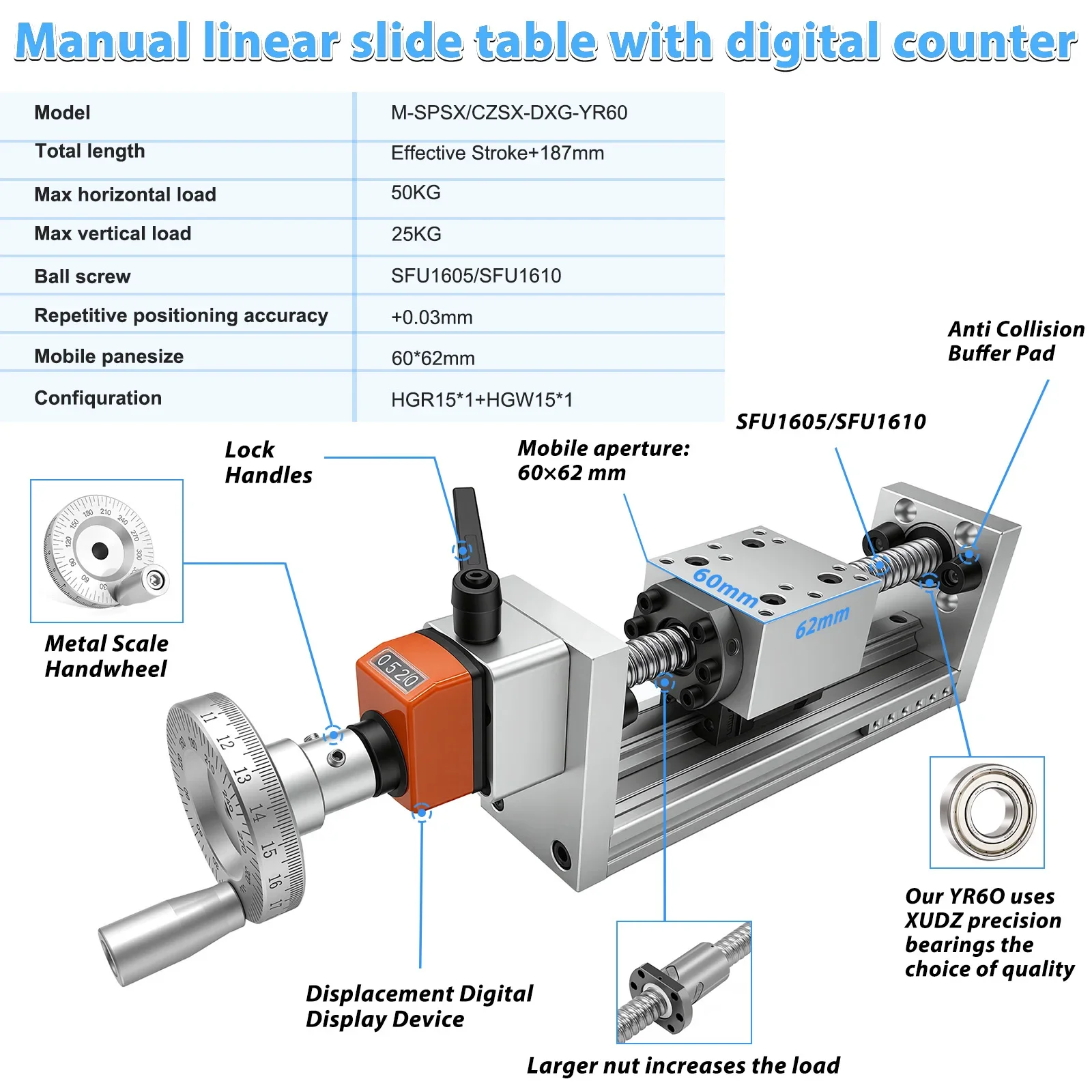 60KG Load Manual Linear Guide Sliding Table 60mm Wide HGW15CC 15mm Rail 0.03mm Accuracy CNC XYZ Axis Single Axis Robot Actuator