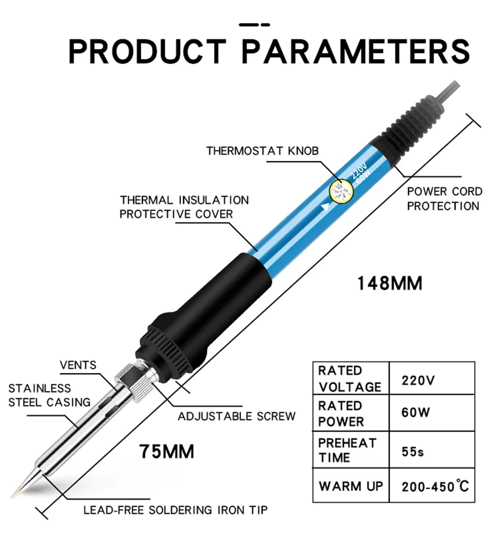 60W Electric Solder Iron Adjustable Temperature Welding Solder Rework Station Heat Pen Electric Soldering Iron for Repairing