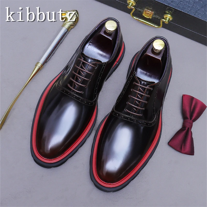 Brand New Men Genuine Leather Shoes Round Toe Lace Up Cowhide Thick Soled Oxfords Leisure Derby Business Shoes