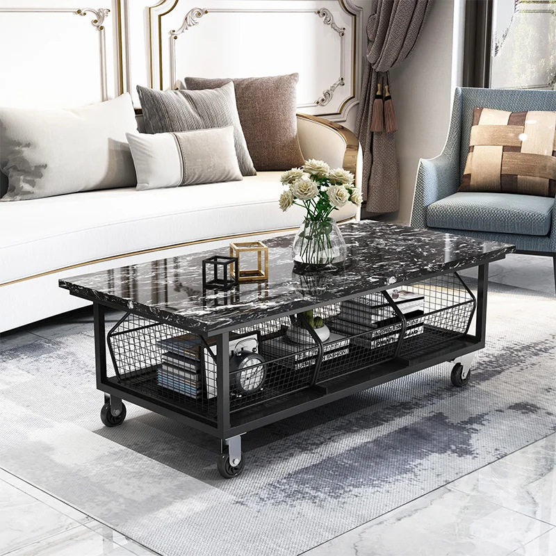 Household removable coffee table, living room with wheels multi-function, marble tea table