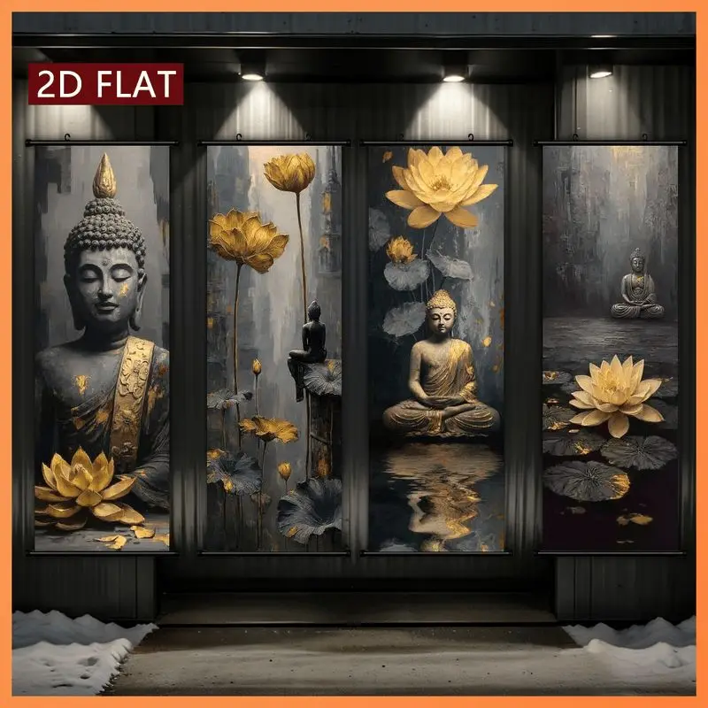 VIKAMA Noir Bronze Buddha Lotus Wall Tapestry Amber Blossom Meditation Zen Spiritual Scroll Art Home Decor Soft Durable Cozy