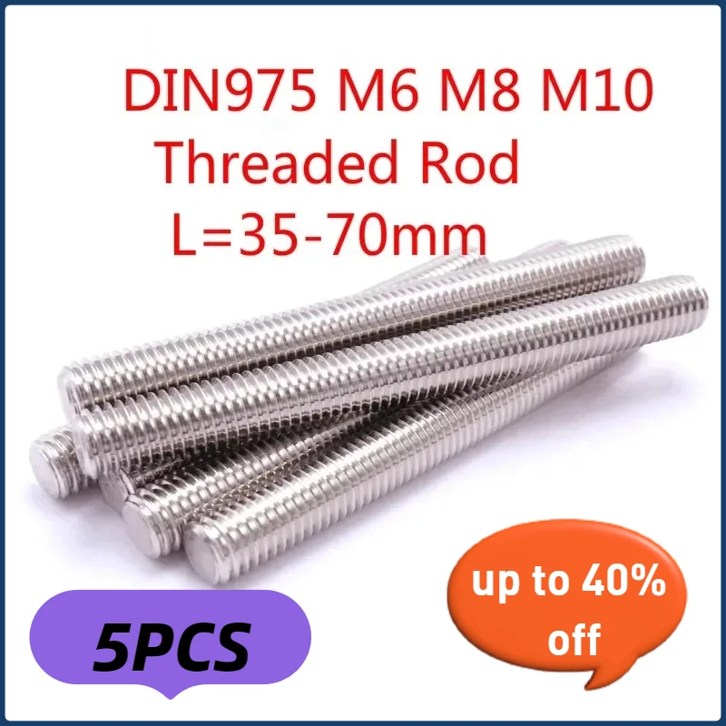 5pc Threaded Rod Full-Thread Bar DIN975 M6 M8 M10 304 Stainless Steel Fasteners Silver L=35-70mm  40mm 50mm 60mm 70mm 45mm 55mm