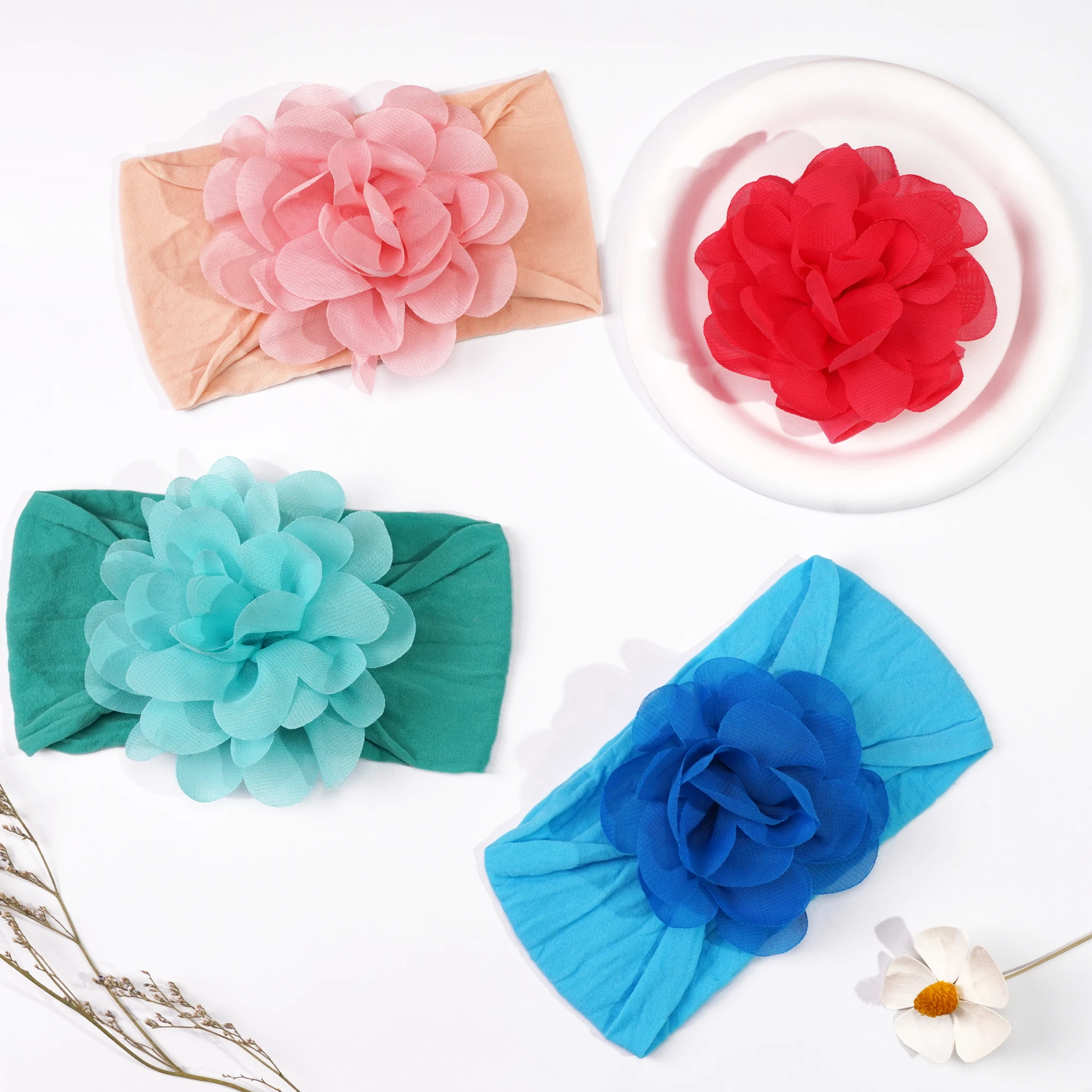 Random 8 Pcs Baby Nylon Headbands Hairbands Hair Wraps Big Chiffon Flower Elastics for Baby Girls Newborn Infant Toddlers Kids