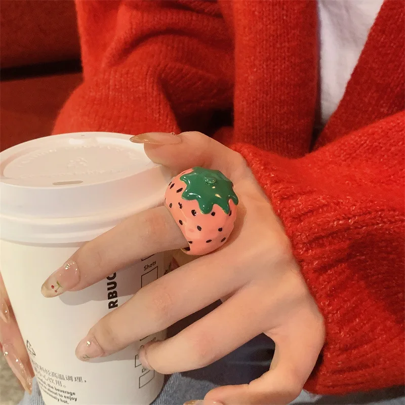 HANGZHI INS Colourful Enamel Oil Drip Irregular Cherry Strawberry Apple Ring Fashion Creative Chunky Jewelry For Women 2025 New