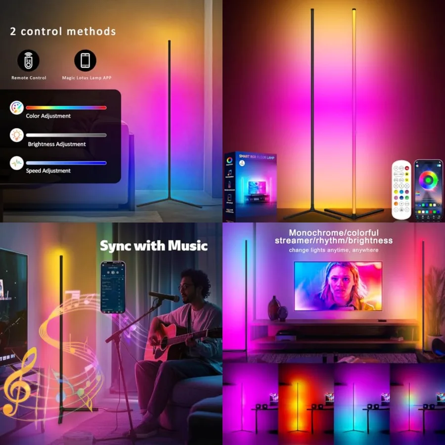 

Corner Floor Lamp 2 Pack, LED Lamps with Remote, RGB Standing Lamp, LED Light Stick, Music Sync Dimmable Color Changing Ambient