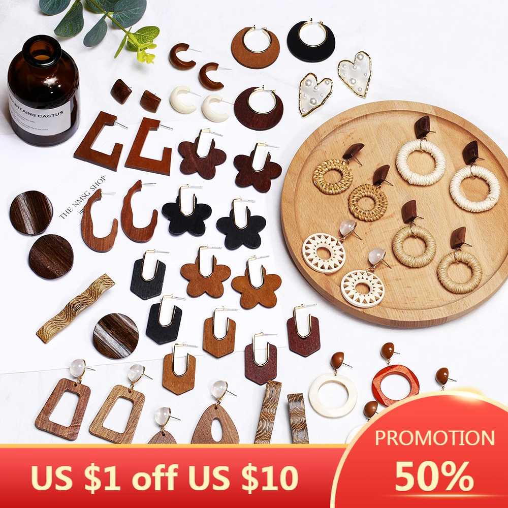 SOHOT DIY Natural Wooden Geometric Women Short Drop Earrings Chic Vintage Japan Korea Wholesale Charming Autumn Jewelry Brincos