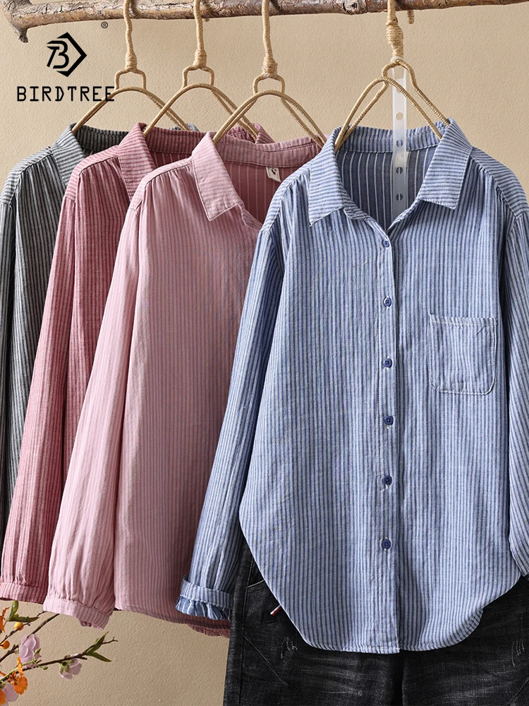 

New 2025 Autumn Cotton Yarn Long Sleeve Shirt, Women Turn-down Collar Striped, Mori Girl Soft OL Versatile Loose Blouse T57923CC